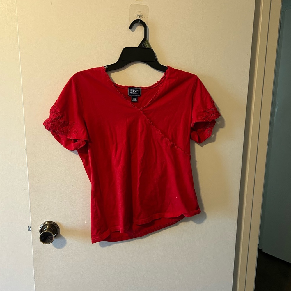 Chaps Red Short Sleeve Top with Lace Accents